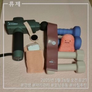 아침운동 홈트 동기부여 갓생 ryujex 류제 모닝루틴 자기관리 건강한삶 운동메이트 덤벨 액티브건 마사지건